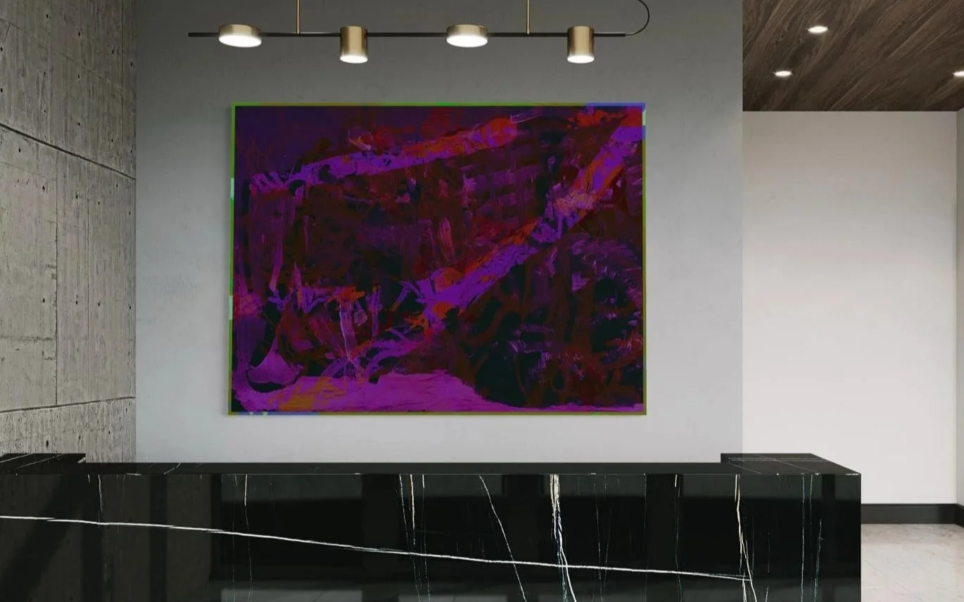 Abstract painting with purple and red brushstrokes on a purple background, framed with a green border, hanging on a white wall in a modern interior space with overhead lighting and black marble counter