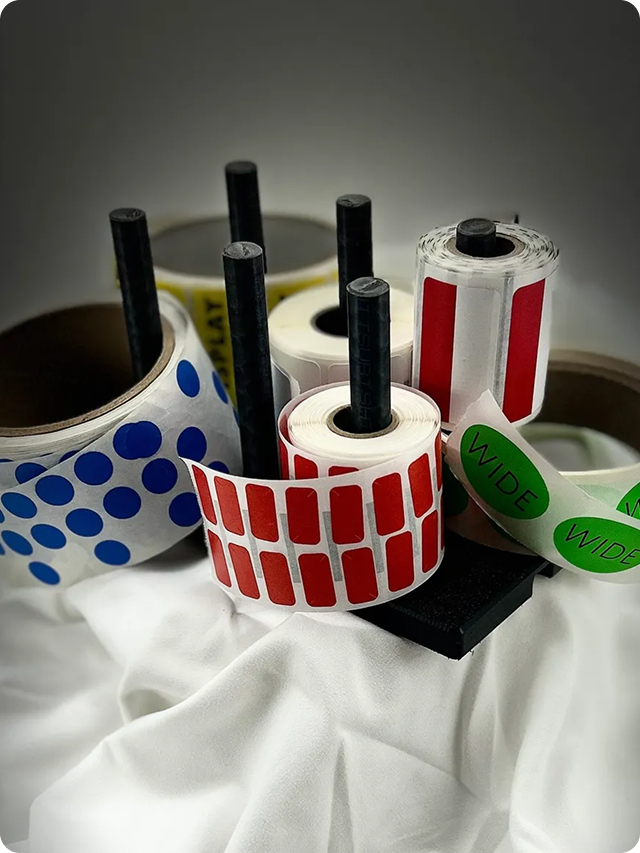 Close-up of several rolls of medical or barcode labels with black ink pens inside some of the rolls. The rolls have different colors and patterns, including red, blue, and white with green labels, placed on a white fabric background.