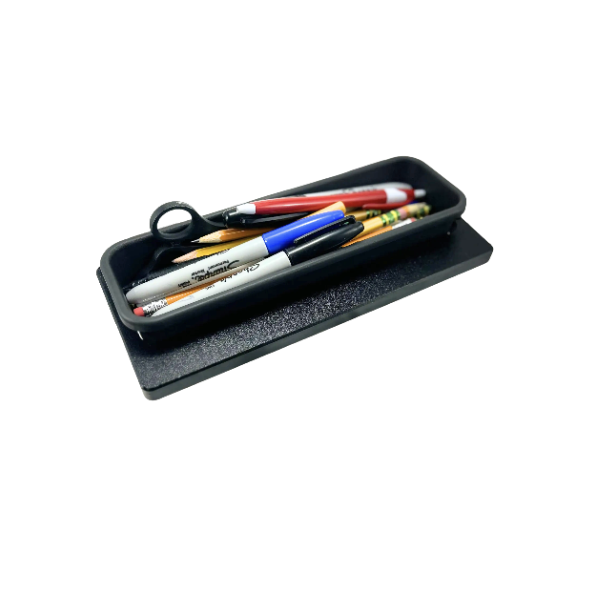 A black plastic tray containing assorted pens and markers on a white background.