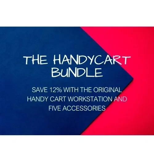 Advertisement for The Handy Cart Bundle offering 12% discount, including a workstation and five accessories.