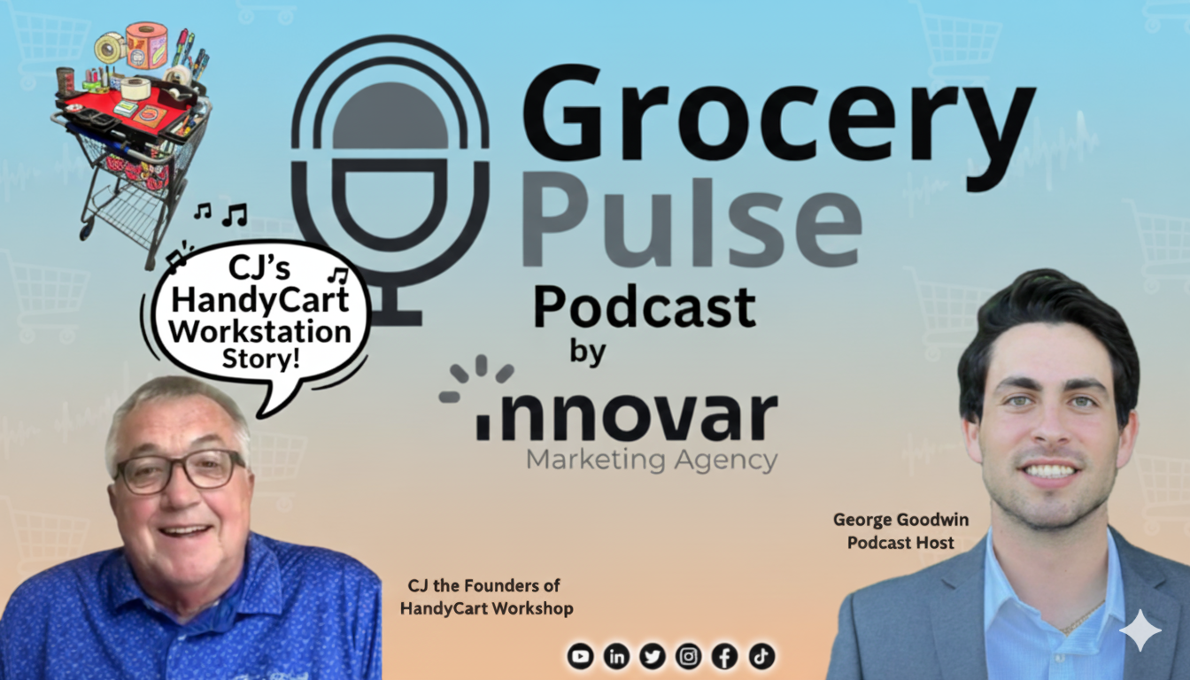 Grocery Pulse podcast featuring CJ sharing the HandyCart Workstation™ origin story and its impact on retail innovation