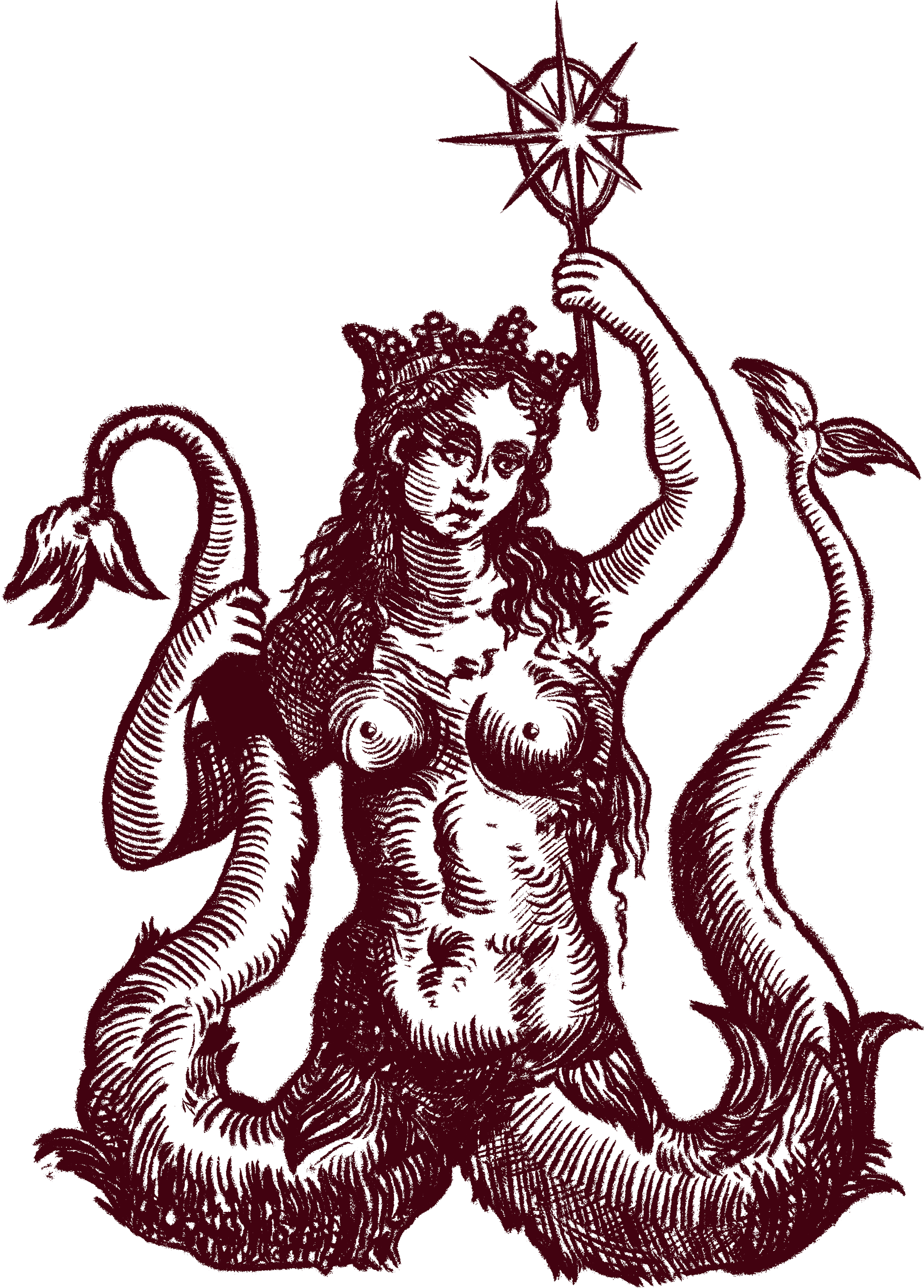 An intricate illustration of a mythical creature with a female human upper body and serpents for lower body and arms, holding a staff with a star-shaped ornament at the top.