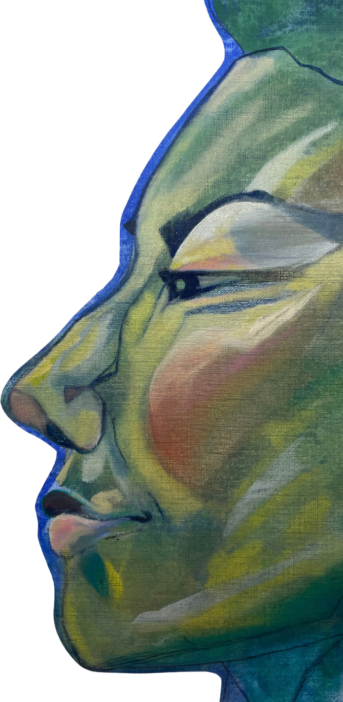 Close-up of a colorful artistic portrait of a woman's face, shown in profile with closed eyes, painted with vibrant brushstrokes.