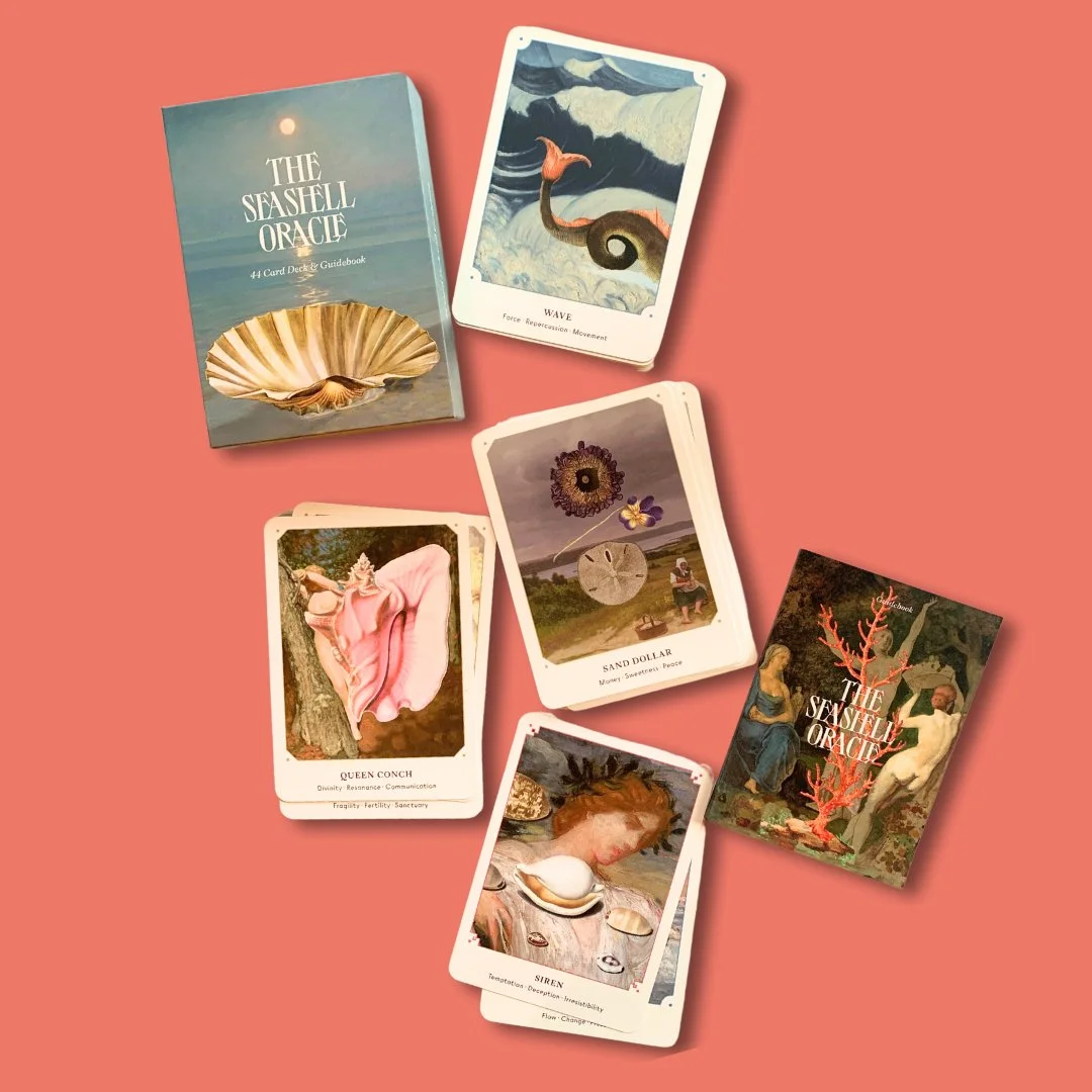A deck of tarot or oracle cards titled 'The Seashell Oracle' is shown alongside several individual cards on a pink background. The cards include images and themes like wave, queen conch shell, sand dollar, siren, and a card with a landscape and flowe