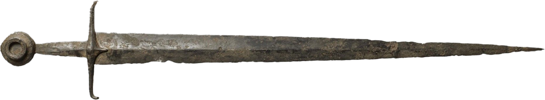 An ancient, weathered spear with a pointed metal tip and a rounded handle.