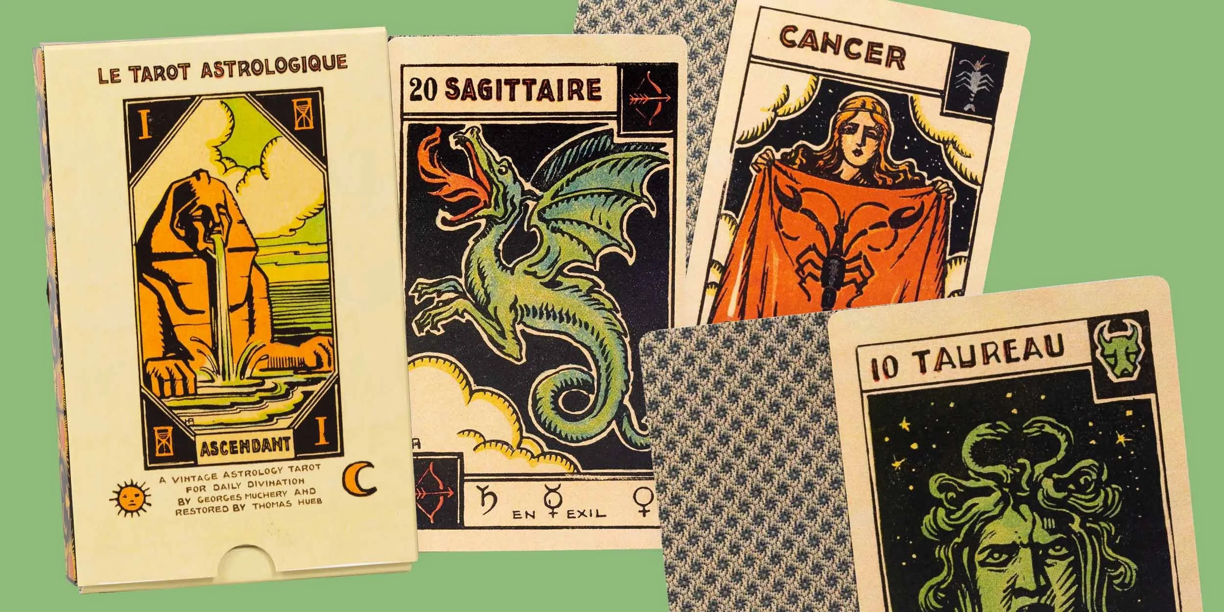 Collection of vintage tarot cards with illustrated images and French labels, including cards named Ascendant, Sagittarius, Cancer, and Taurus on a green background.