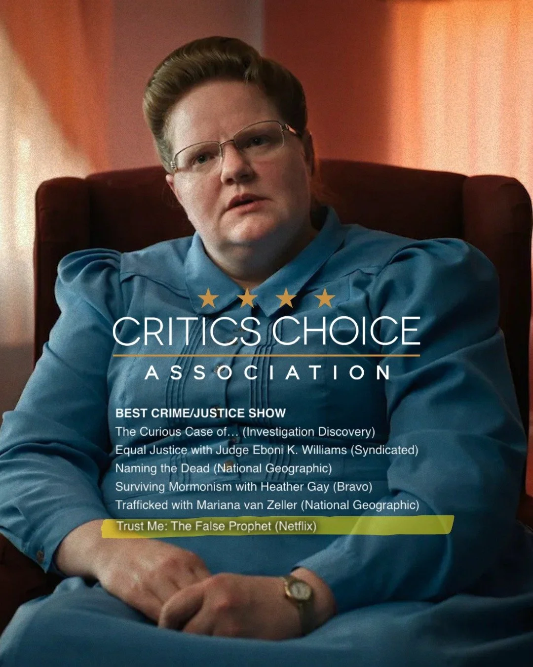 We've been nominated for an @criticschoice award! Congratulations to the team behind "Trust Me: The False Prophet!"

#criticschoiceaward #criticschoice #trustme #trustmethefalseprophet #trustmedocumentary