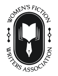 Logo of Women's Fiction Writers Association featuring an open book with a fountain pen in front and decorative elements.