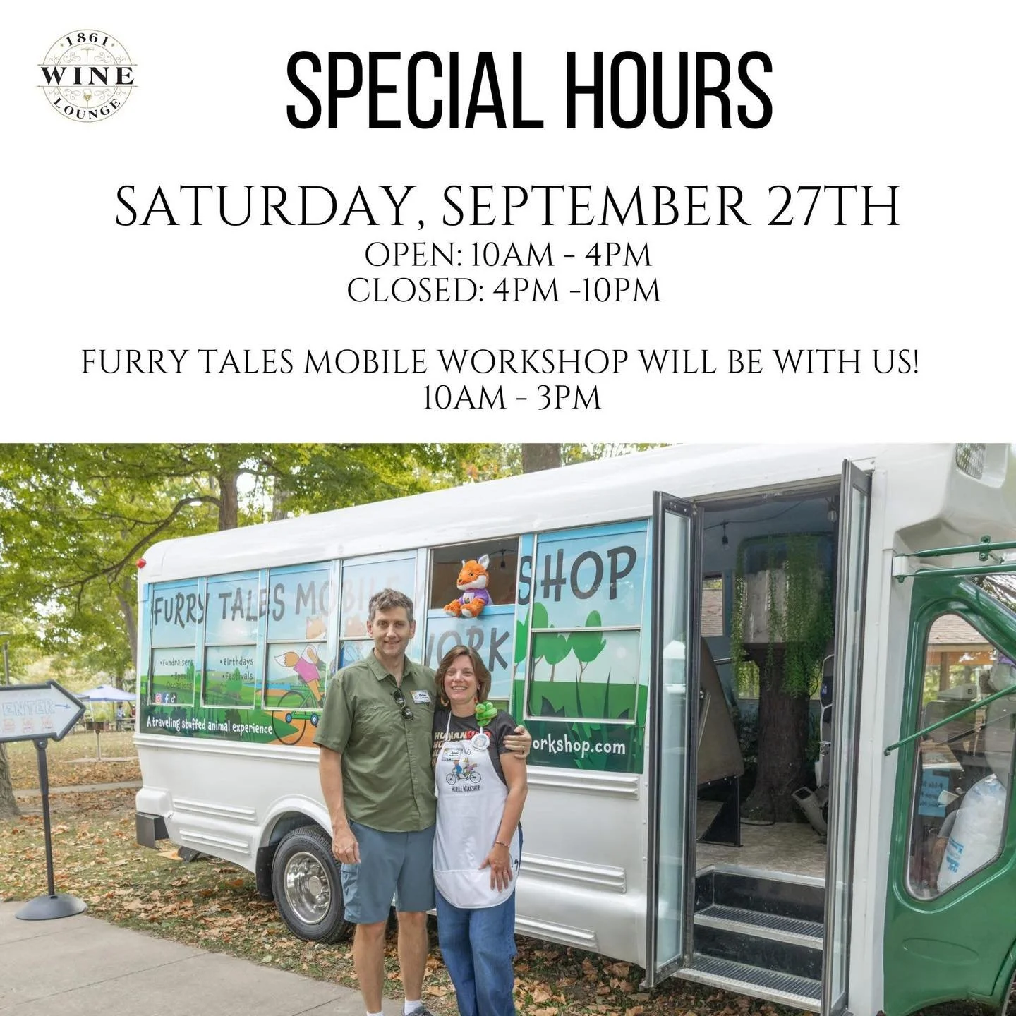 ✨ Special Hours This Saturday ✨

📅 Saturday, September 27th
🕙 Open: 10:00 AM &ndash; 4:00 PM
❌ Closed: 4:00 PM &ndash; 10:00 PM

🐾 We&rsquo;re excited to welcome Furry Tales Mobile Workshop from 10:00 AM &ndash; 4:00 PM! Stop in, shop, sip, and en