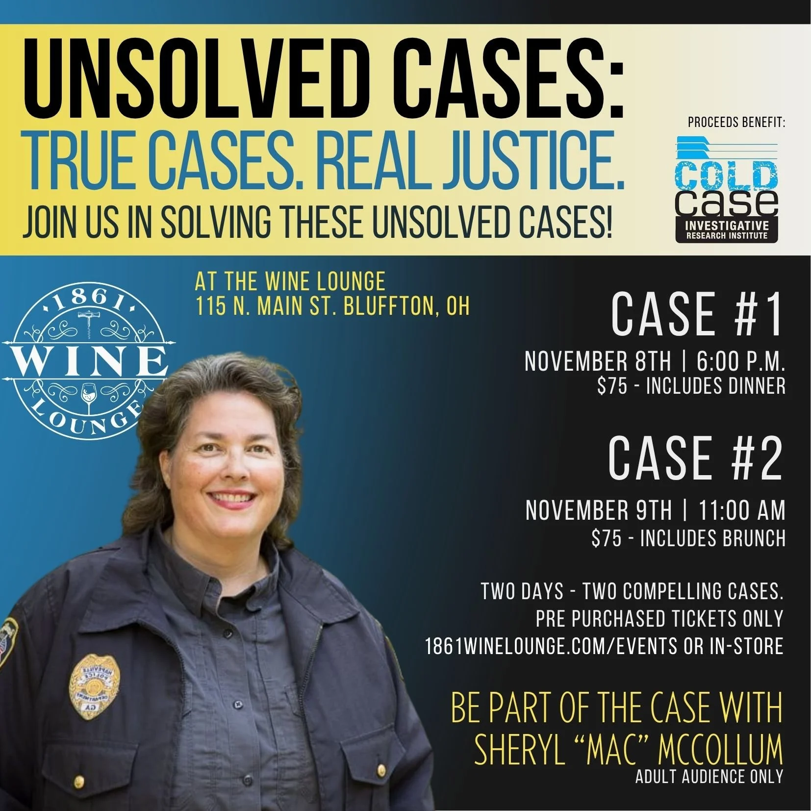 🚨 LAST CALL! 🚨
Don&rsquo;t miss this one-of-a-kind True Crime Experience at 1861 Wine Lounge with Emmy Award-winning CSI Sheryl &ldquo;Mac&rdquo; McCollum &mdash; forensic expert &amp; investigator for the Metro Atlanta Police Department, featured 