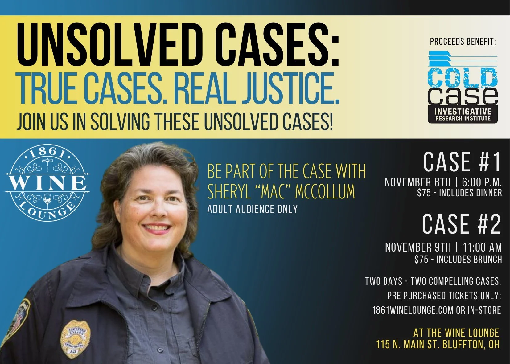 Did you know this event supports a non-profit?

The Cold Case Investigative Research Institute (CCIRI) is a national program founded by Sheryl McCollum. It brings together colleges, forensic professionals, students, law-enforcement agencies, and fami