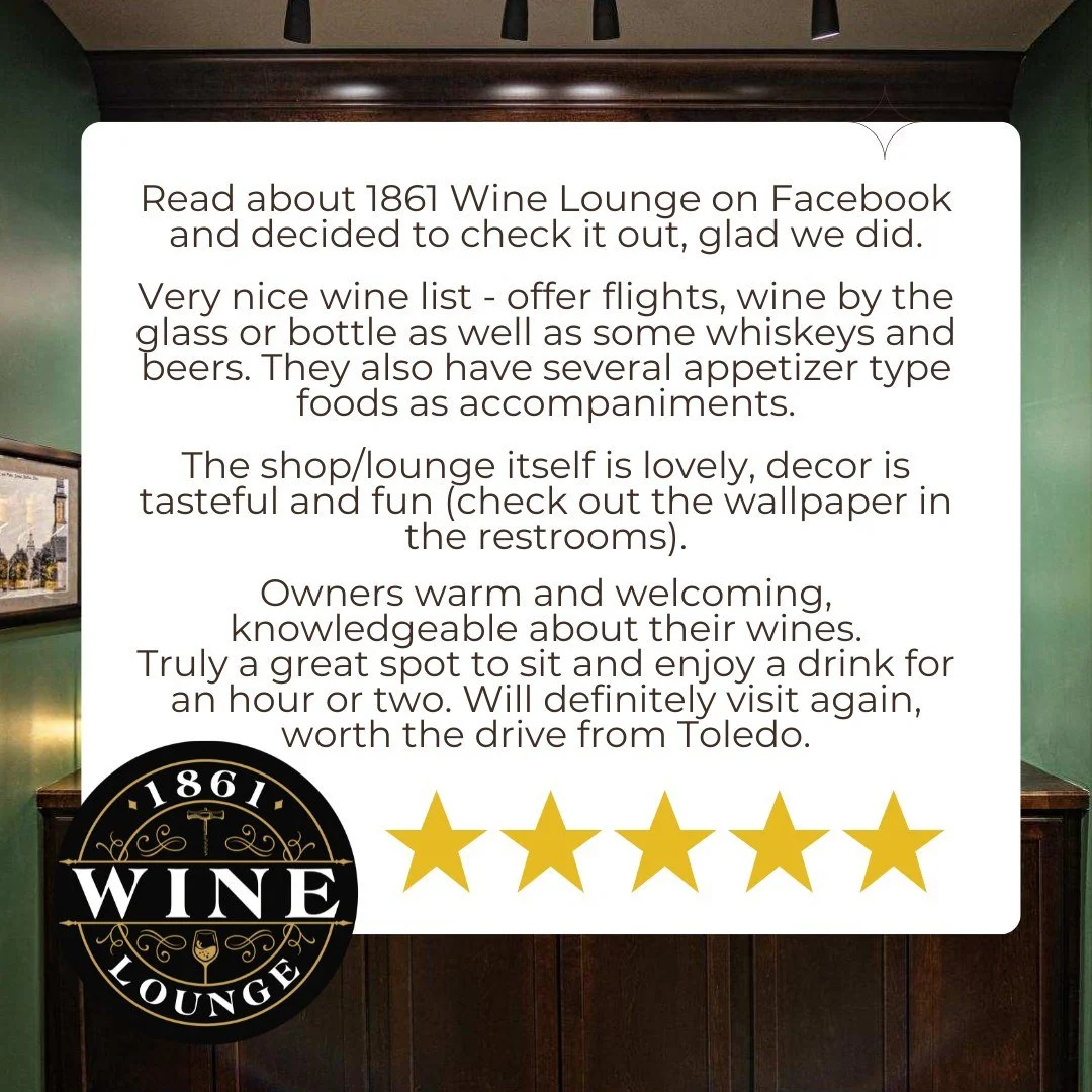 🌟 We&rsquo;re Feeling Grateful! 🌟

A huge thank you to Edie for this amazing review! 💛 We love hearing how much you enjoy 1861 Wine Lounge.

If you&rsquo;ve had a great experience with us, we&rsquo;d love for you to share it on Google&mdash;your f