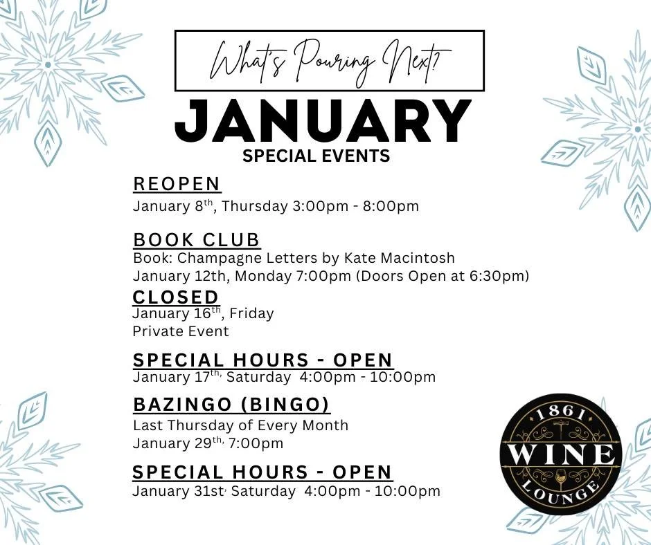 ❄️🍷 We&rsquo;re Back from Winter Break! 🍷❄️

1861 Wine Lounge reopens Thursday, January 8th! Come cozy up, sip something delicious, and kick off 2026 with us. ✨

🕒 Regular Hours:
Thursday: 3:00 PM &ndash; 8:00 PM
Friday: 3:00 PM &ndash; 10:00 PM
S