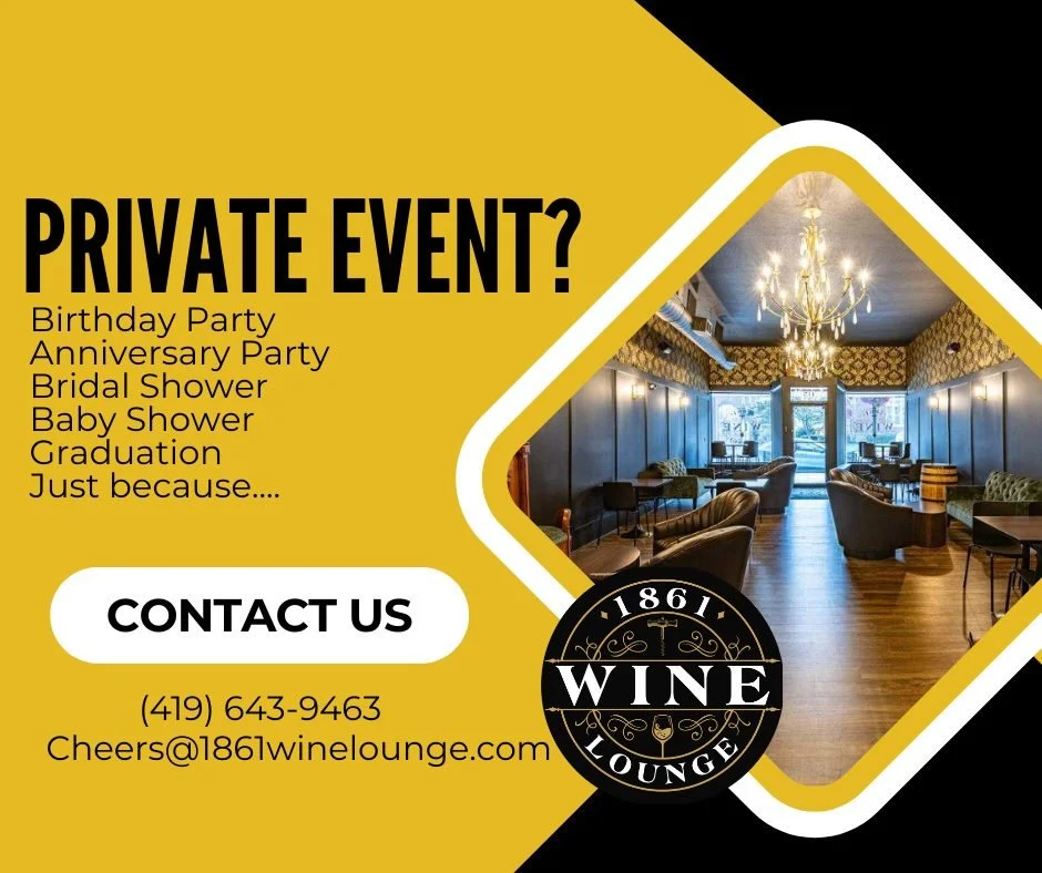 Planning ahead for a 2026 event? Keep 1861 Wine Lounge in mind. Our space is perfect for celebrations, gatherings, and curated experiences. Reach out early to secure your date! 🍷

419-643-9463 or Cheers@1861winelounge.com