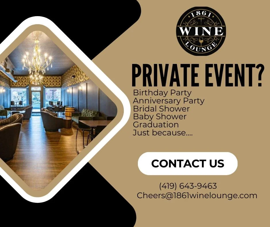 Planning a Private Event? 🎉

Whether it&rsquo;s a Birthday, Anniversary, Bridal Shower, Baby Shower, Graduation, or just because&hellip; 1861 Wine Lounge is the perfect place to celebrate! 

📧 Contact us: cheers@1861winelounge.com
📞 Call: (419) 64