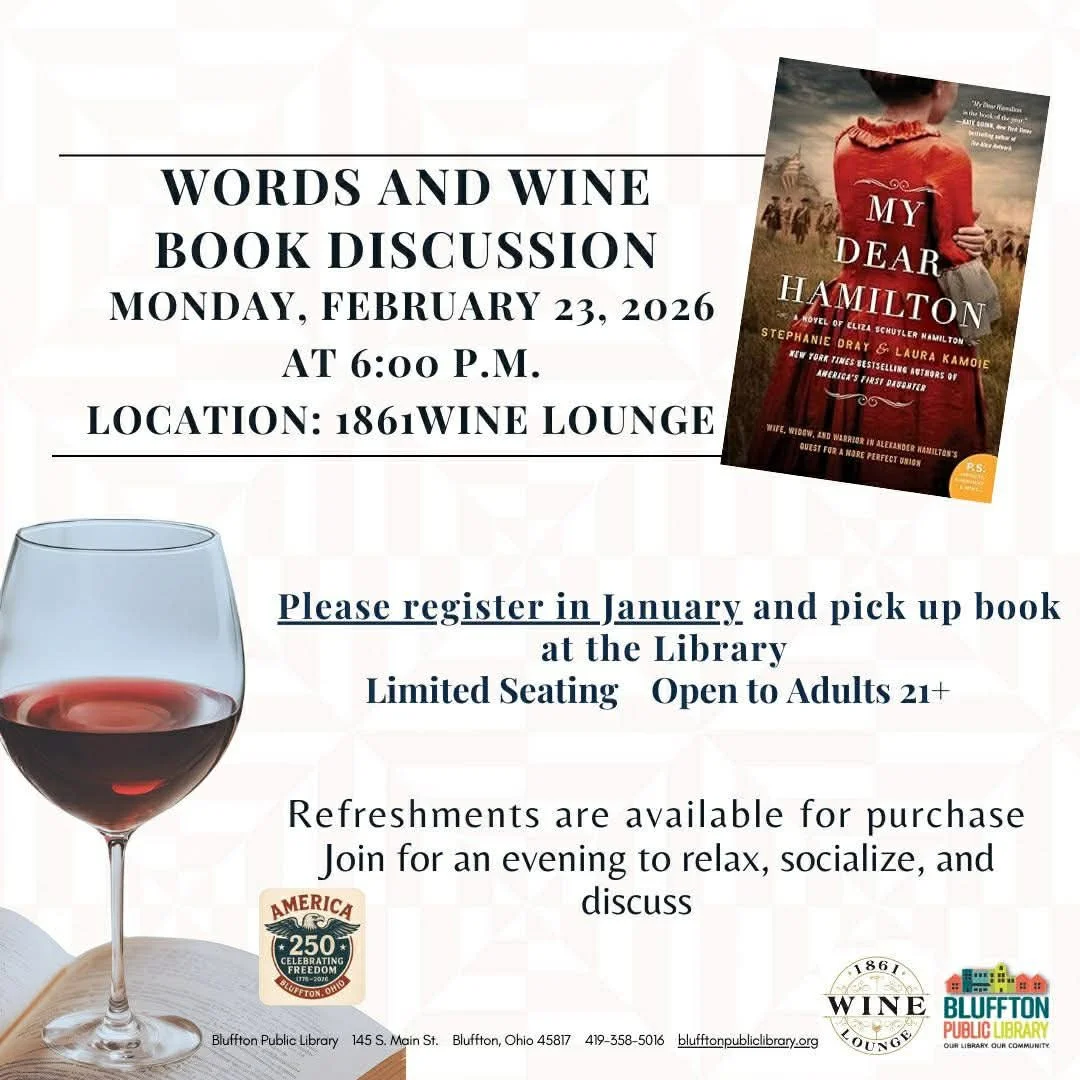 We are excited to be hosting the Bluffton Public Library for a special night! 📚🍷

Please note: this is not an 1861 Wine Lounge book club. This is the Bluffton Public Library &rsquo;s book club simply using our space for the evening. Please reach ou