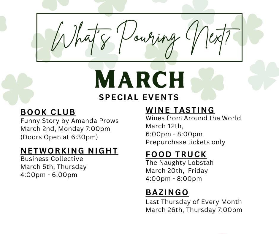 🍷 March What&rsquo;s Pouring Next 💛

Get ready for a month full of fun and connection!

📚 Book Club Nights &ndash; great reads and even better conversation
🤝 Networking Nights &ndash; meet local professionals and make new connections
🍷 Wine Tast