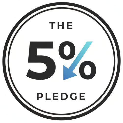 A circular logo for The 5% Pledge with a black and white color scheme and a percentage arrow in blue.