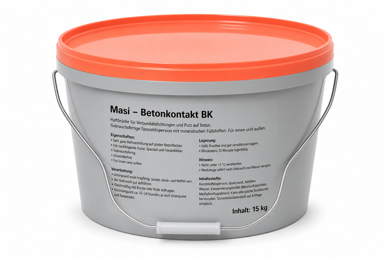 Ein graurer Eimer mit orangefarbener Deckel und einem weißen Griff, der einen Betonkontaktmörtel namens 'Masi - Betonkontakt BK' enthält.