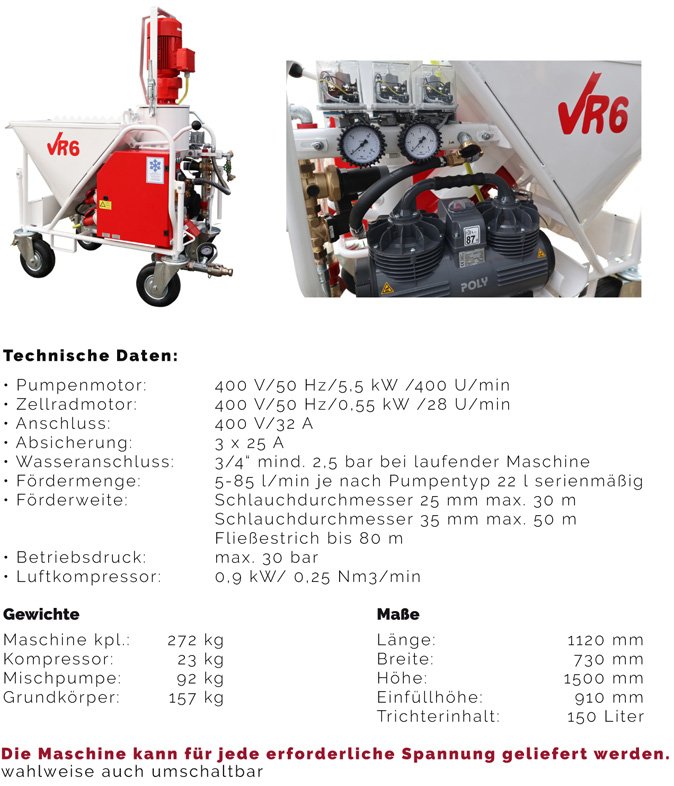 Ein industrielles Reinigungsgerät namens VR6 mit technischen Daten, inklusive Pumpenmotor, Zellermotor, Anschluss, Wasserschläuchen, Förderweite, Druck, und Maßen.