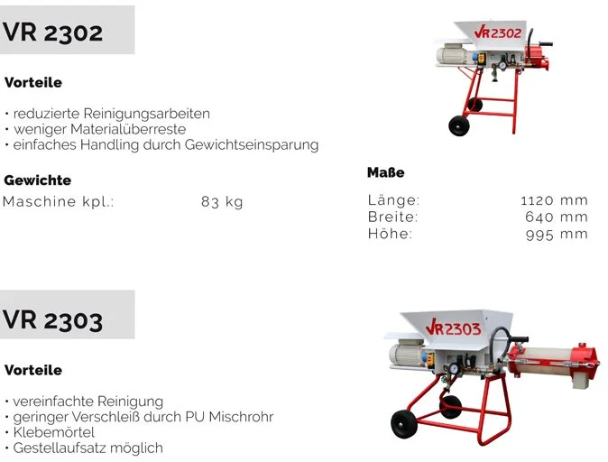 Informationsblatt über Maschinen VR 2302 und VR 2303, mit technischen Daten, Vorteilen und Maßen, inklusive Bilder der Geräte.