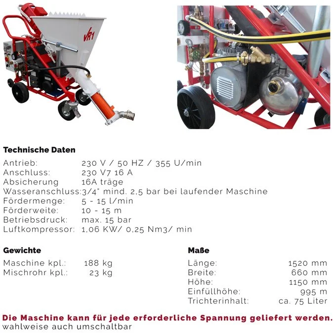 Bild eines feuchtsandstrahlers mit technischen Daten und Maßen