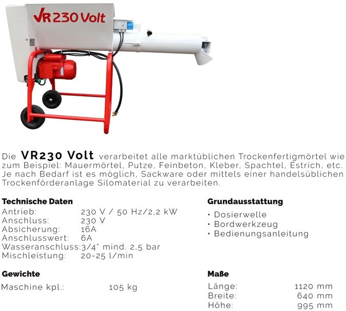 Eine graue Trockenmörtelmaschine namens VR230 Volt mit rotem Rahmen, schwarzem Kabel, Wassertank und Drehknöpfen, passend für die Verarbeitung von Trockenmörtel.