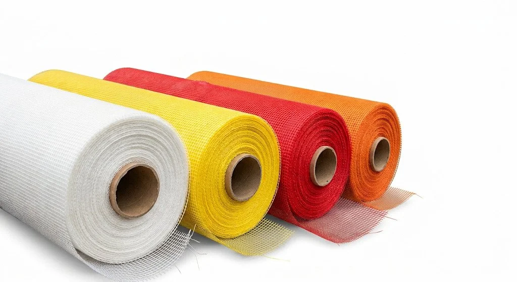 Vier Rollen farbiges Netzgewebe in Weiß, Gelb, Rot und Orange.