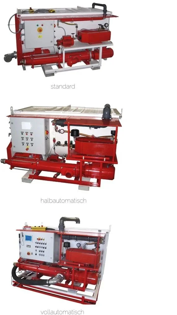 Drei verschiedene Feuerlöschgeräte, ein Standard-, ein halbautomatisches und ein vollautomatisches Modell, alle rot und mit Steuerungssystemen.