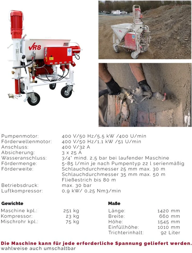 Baugeräte und Werkzeuge für Bau- und Renovierungsarbeiten: eine spezielle Pumpe mit Motor, eine Betonmischmaschine im Baustellenumfeld, und eine Person bei der Betonverarbeitung mit Handschuhen.