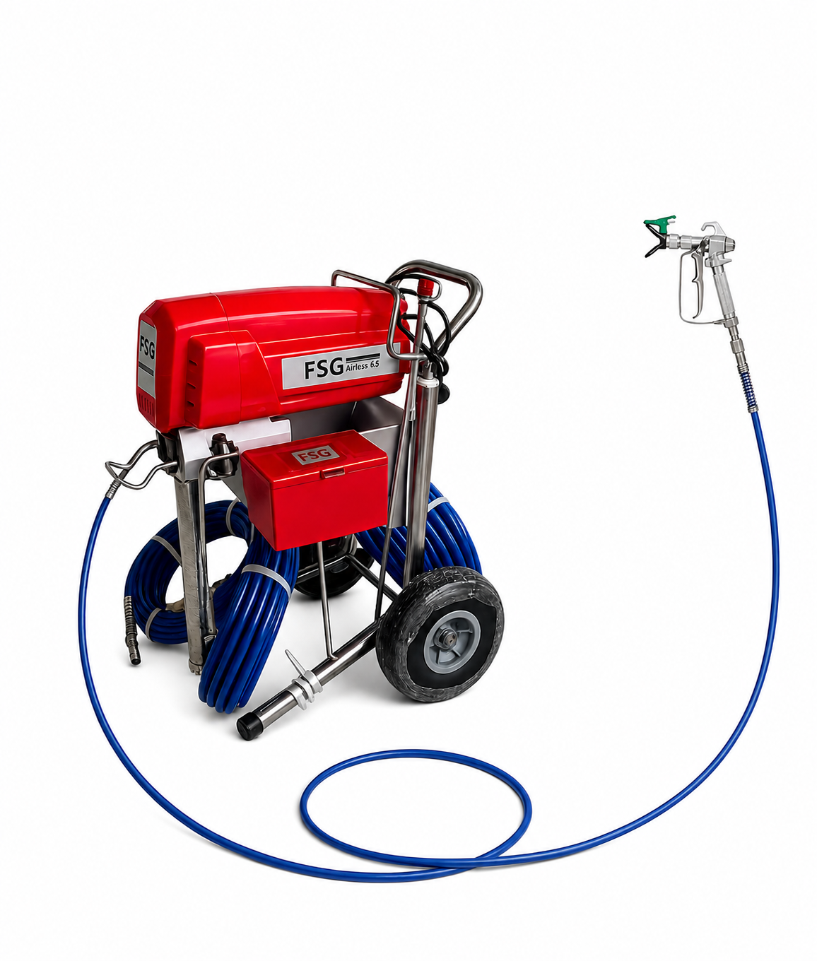 Ein rot-blauer FSG 6.5 Airlessgerät mit Sprühpistole