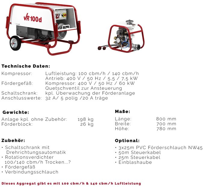 Das Bild zeigt eine Kompressoranlage mit einem roten und weißen Gehäuse, Modell VR 100 d, und eine kleinere, offene Kompressoreinheit mit Rohrleitungen. Es enthält technische Daten, Maße und Zubehörhinweise in deutscher Sprache.