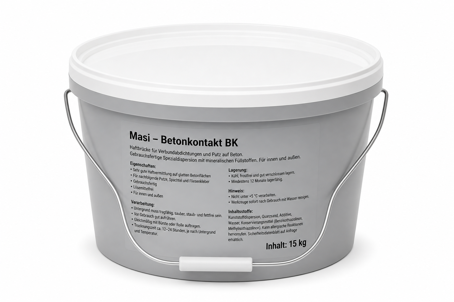Graue Eimer mit Aufkleber, der Produktname 'Masi – Betonkontakt BK' und Informationen in deutscher Sprache enthält.