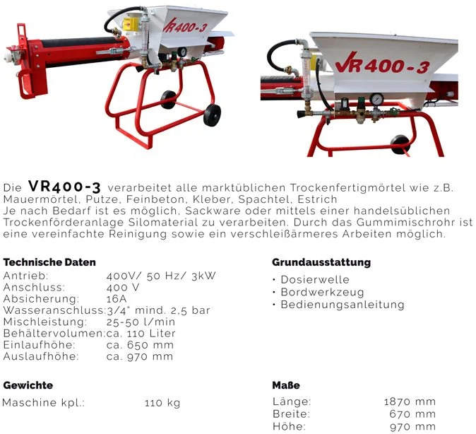 Eine landwirtschaftliche Maschine, das VR400-3, die Trockenmörtel verarbeitet, mit einer roten Rahmenstruktur, einem weißen Behälter und technischen Spezifikationen.