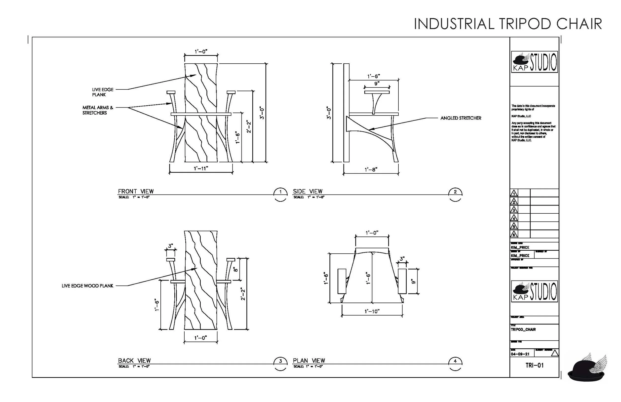 Technical blueprint of an industrial tripod chair showing front, side, back, and plan views with dimensions and annotations.