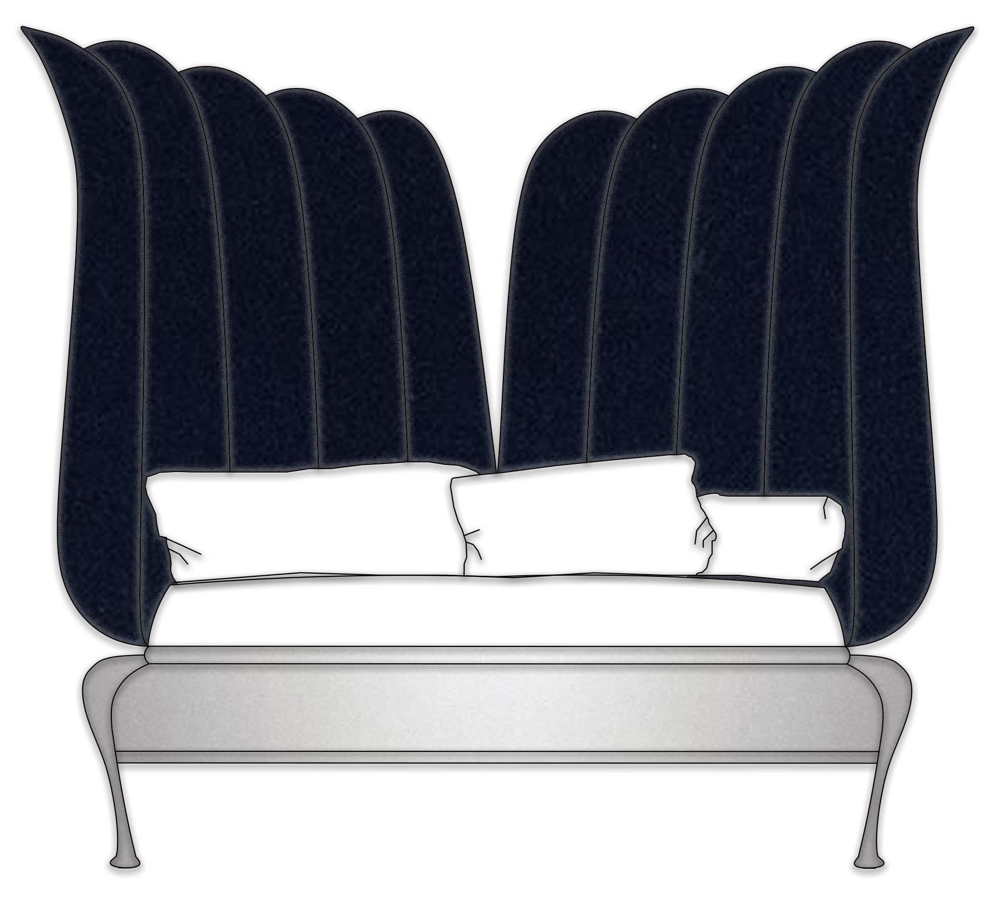 A modern sofa with dark rounded backrest and white cushions, supported by curved light-colored legs.