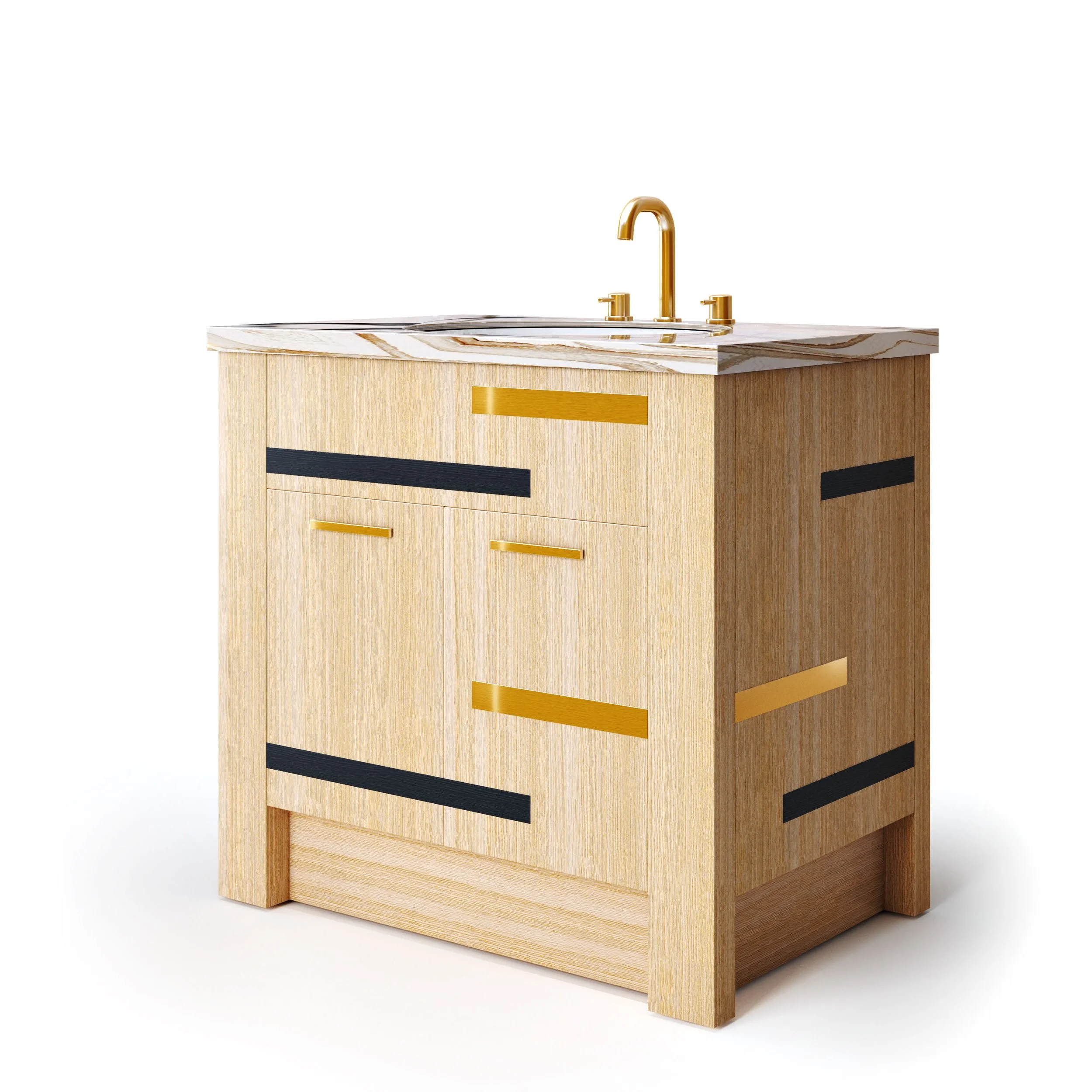 A modern wooden bathroom vanity with gold and black accents, marble countertop, and a gold faucet.