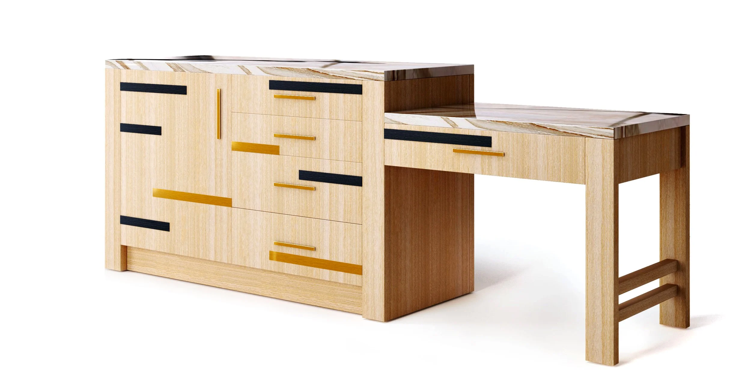 A modern wooden dresser with multiple drawers featuring black and gold handles, paired with a matching side table or extension with open space beneath.