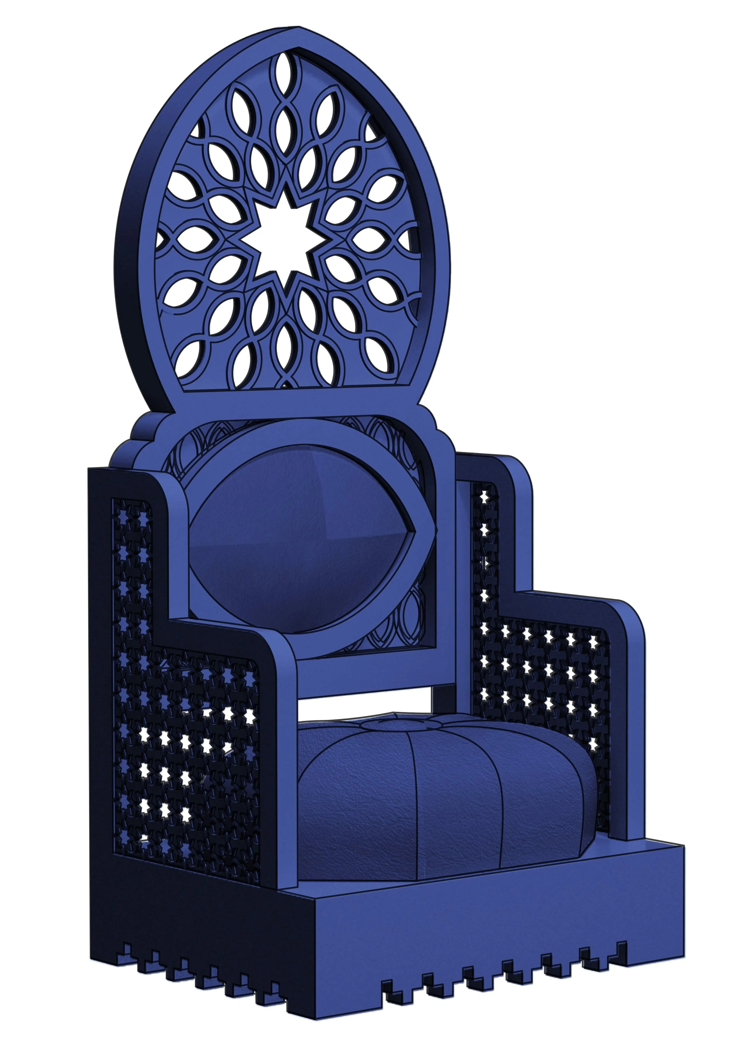 Blue decorative chair with intricate cutout patterns and a cushioned seat.