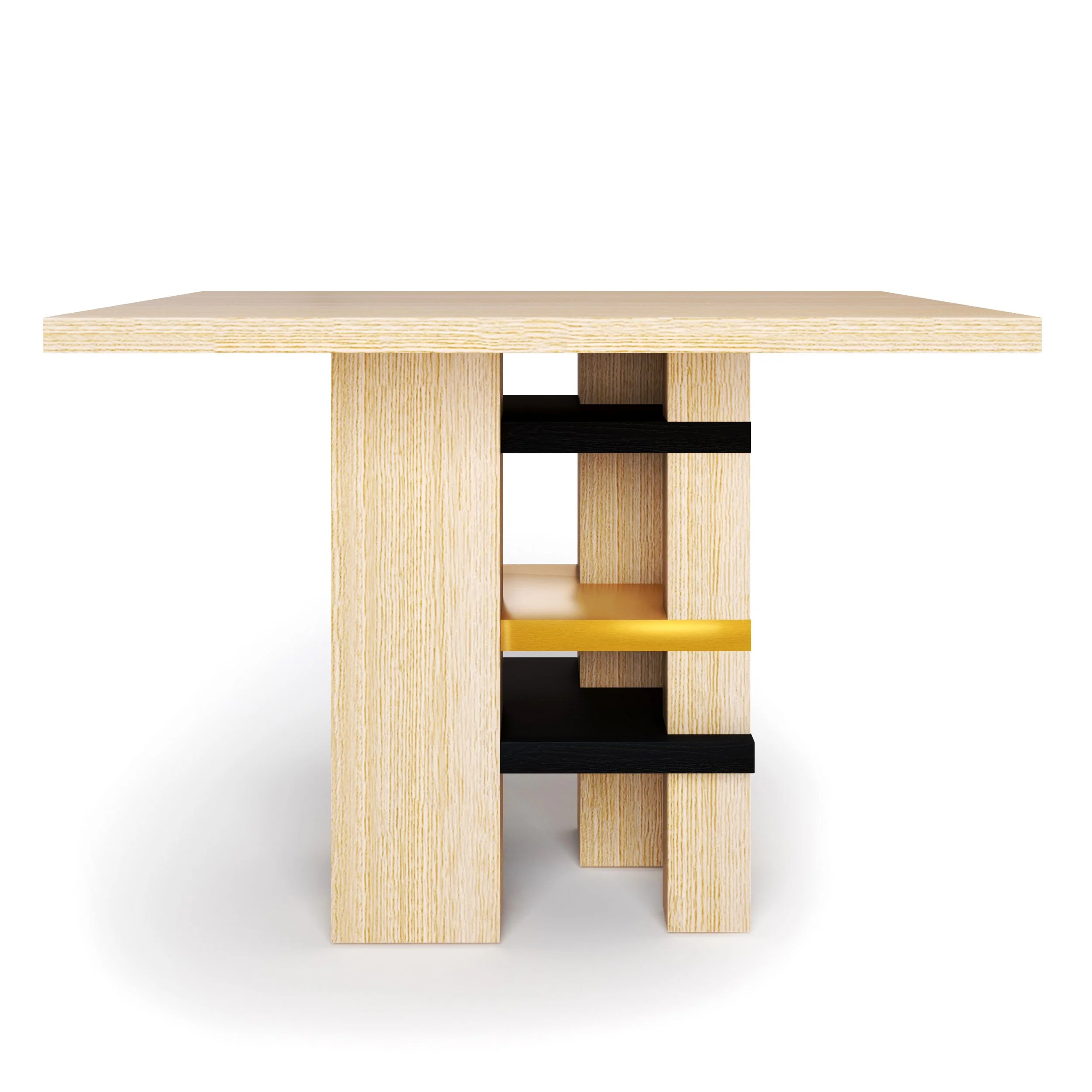 Modern wooden shelving unit with multiple compartments in natural, black, and yellow finishes.