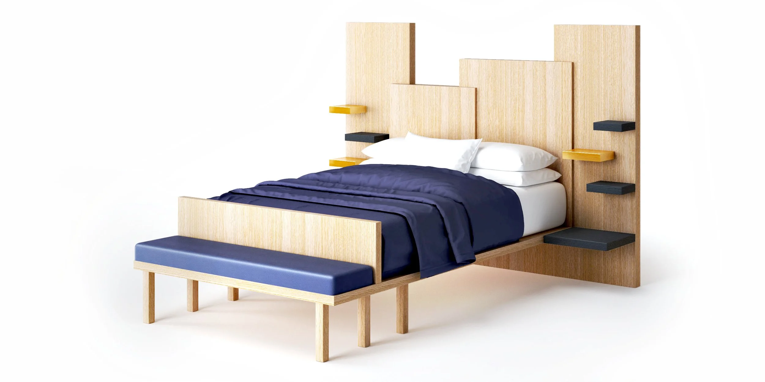 Modern bed with a wooden headboard and side shelves, with a navy blue bedspread and white pillows, ottoman at foot of bed, against a white background.