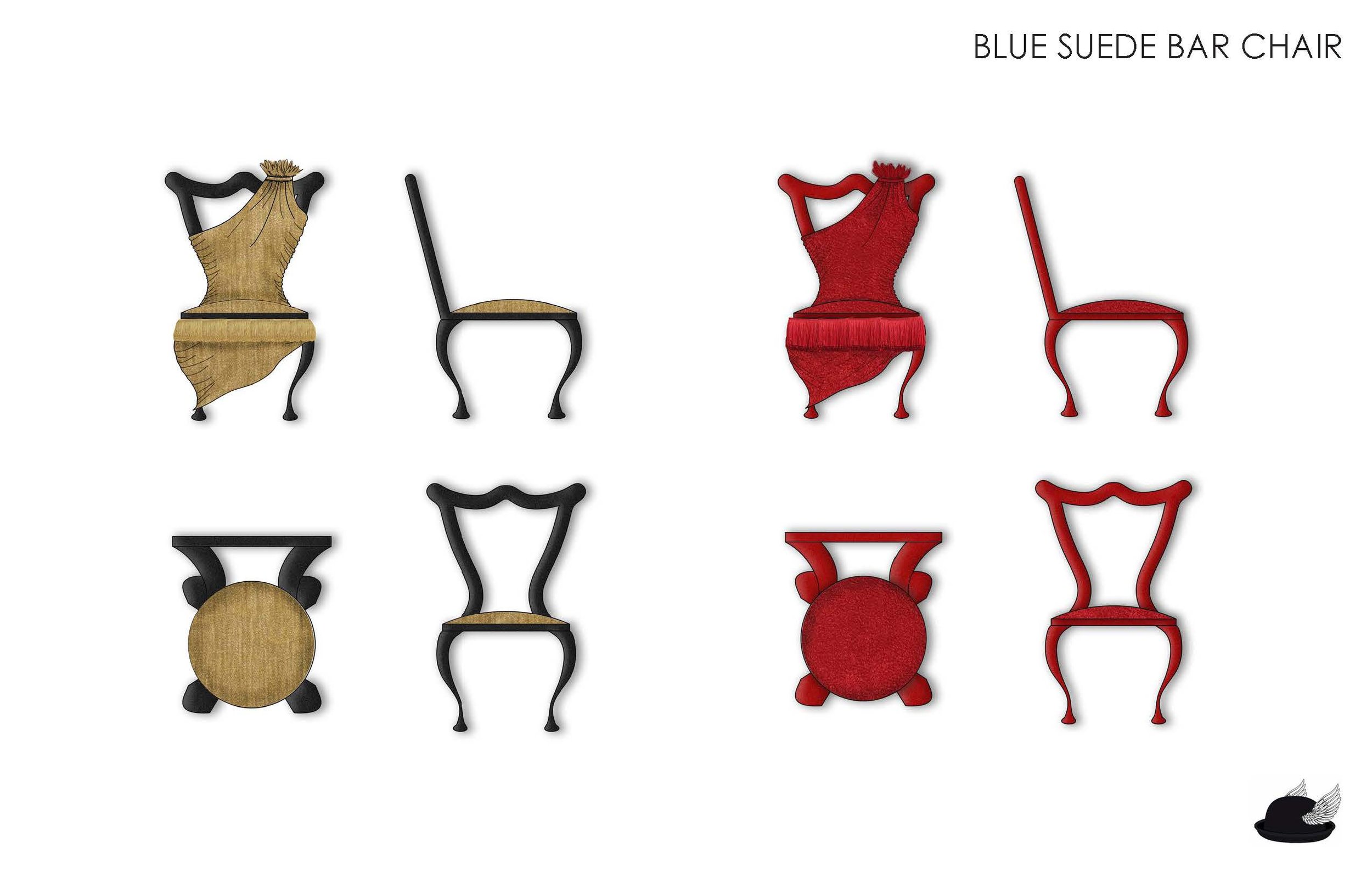 Comparison of two bar chair designs: the left set has wood seats with black frames, and the right set has red upholstered seats with red frames, viewed from front, side, and top angles. The top right corner has the text "BLUE SUEDE BAR CHAIR". There 