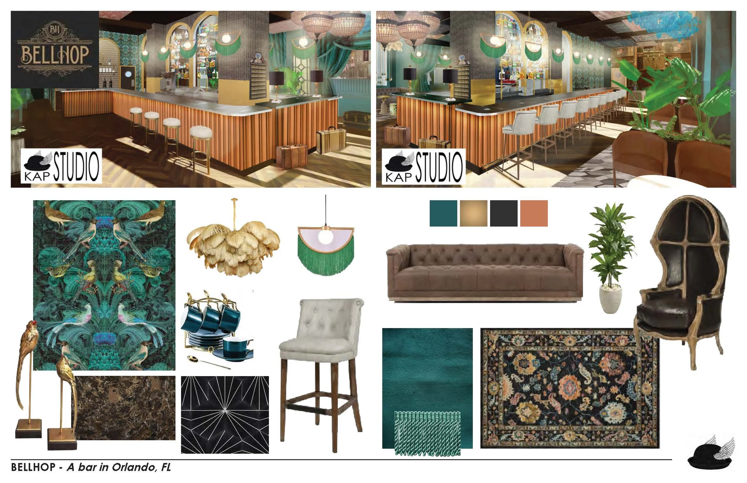 Design renderings of a bar interior in Orlando, Florida, featuring a long bar with orange vertical slats, green accents, chandeliers, and seating areas, along with mood board elements including furniture, textiles, and decorative items in green, blac