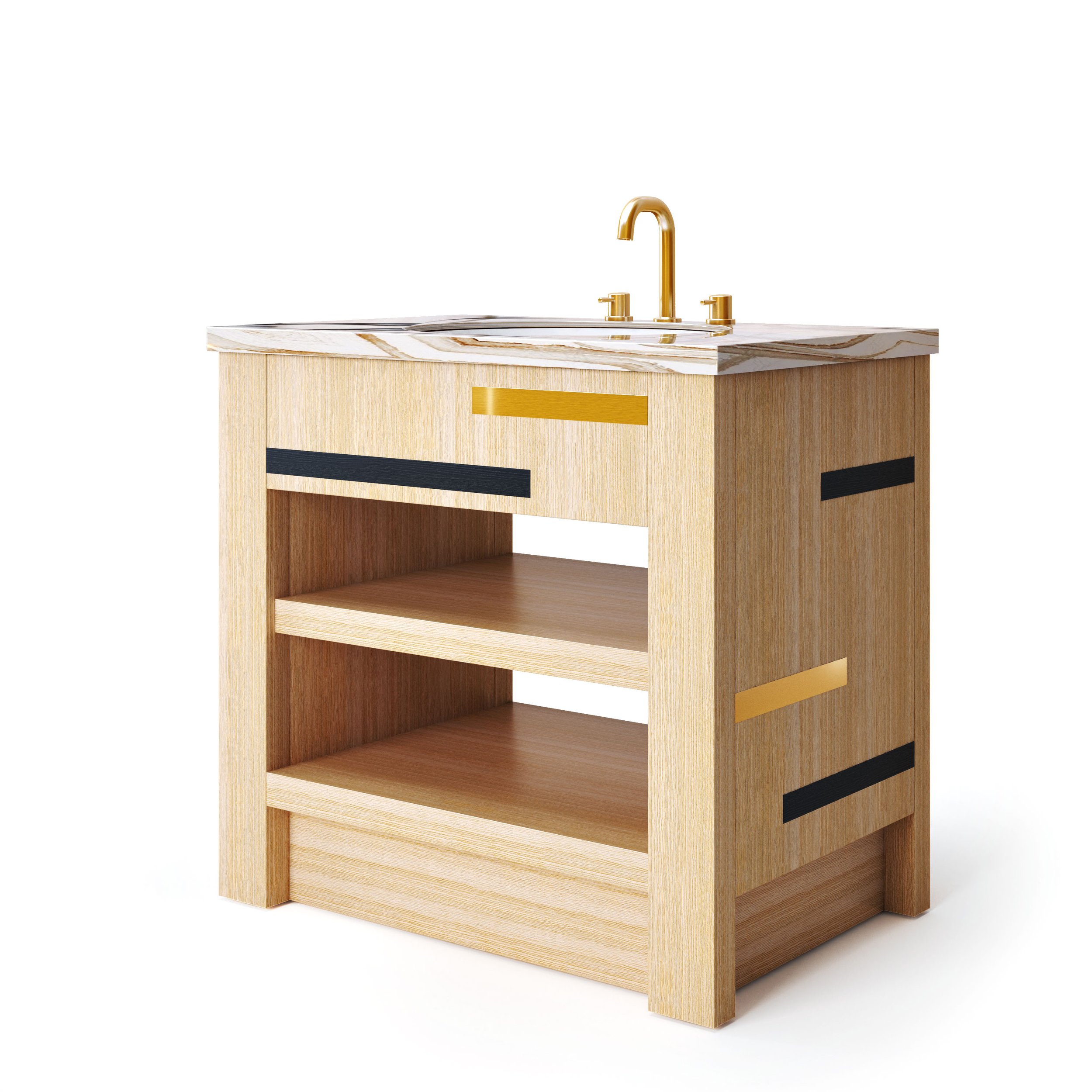 Miniature wooden bathroom vanity with a marble-look countertop and gold faucet, featuring open shelves and decorative black and gold accents.