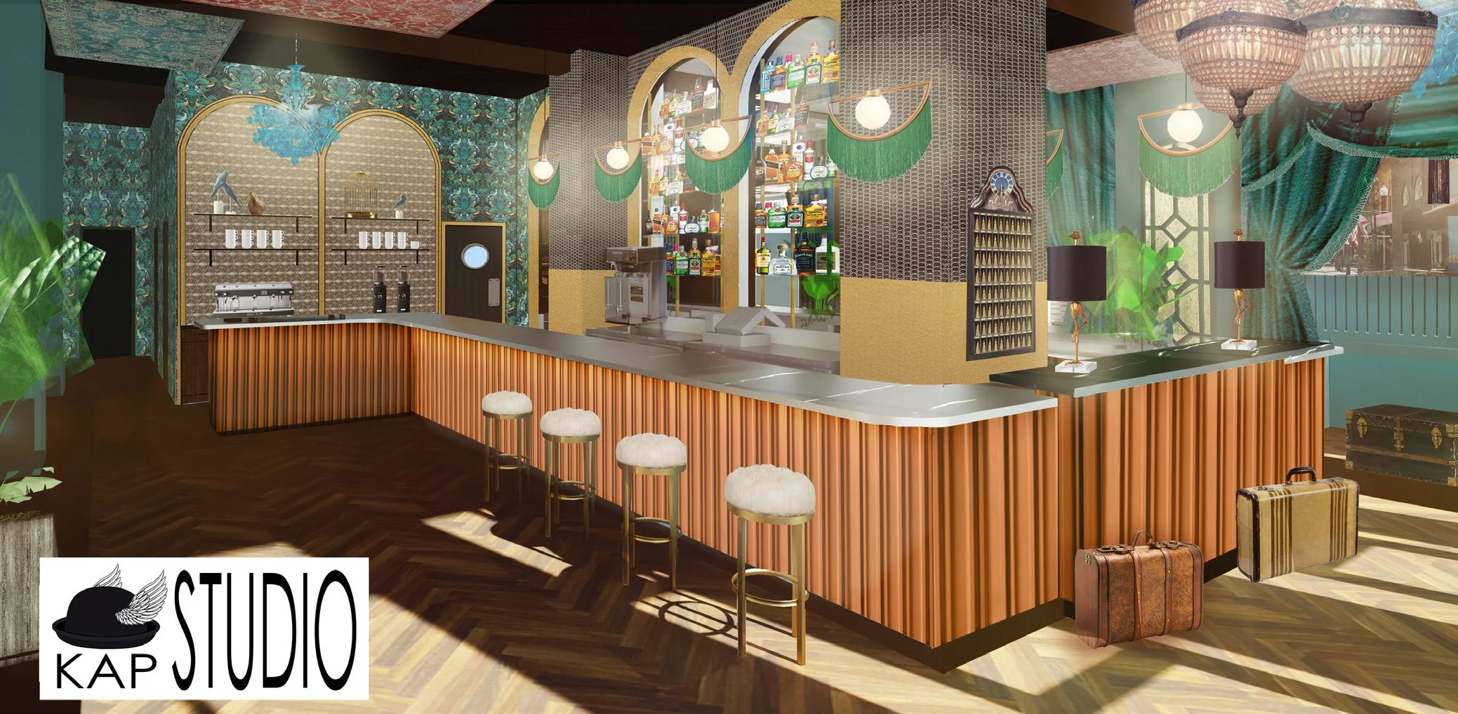 Interior of a stylish bar with a curved counter, bar stools with fluffy white seats, a well-stocked back bar with liquor bottles, decorative curtains, vintage suitcases, and a logo that reads 'KAP STUDIO' in the bottom left corner.