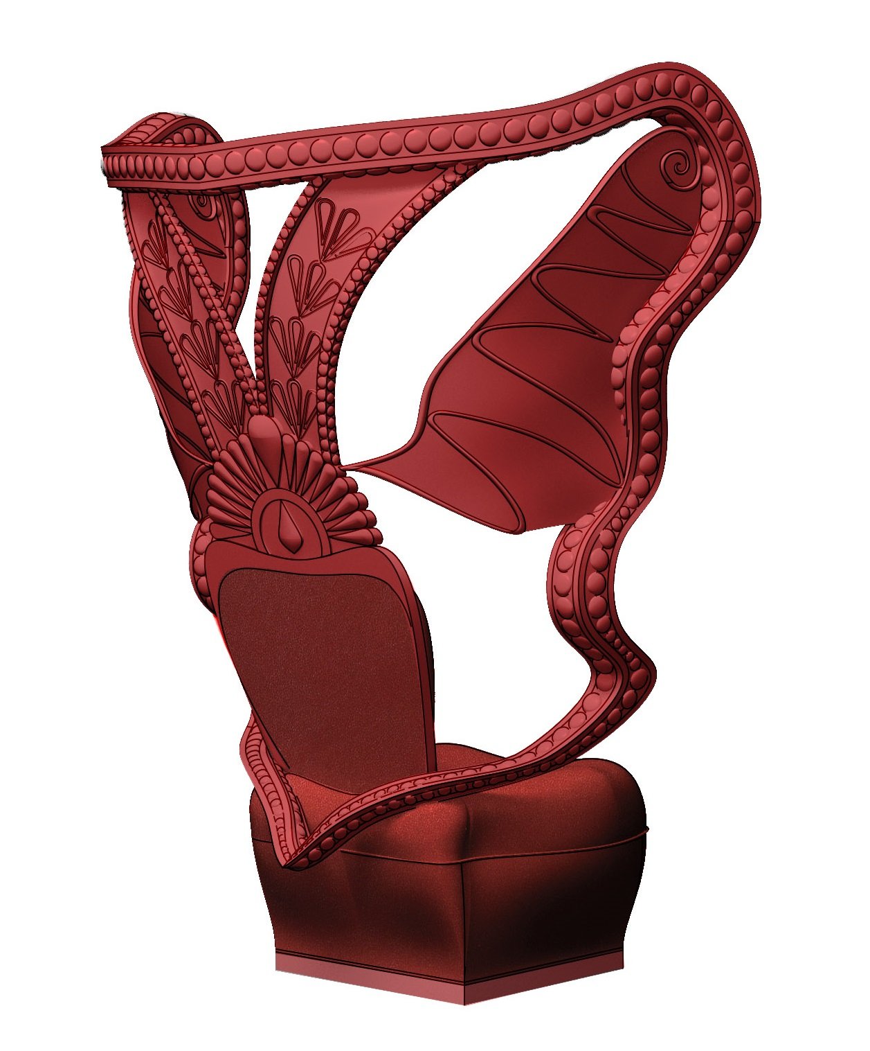 A red, ornate chair with decorative carvings and a high backrest, designed in a vintage style.