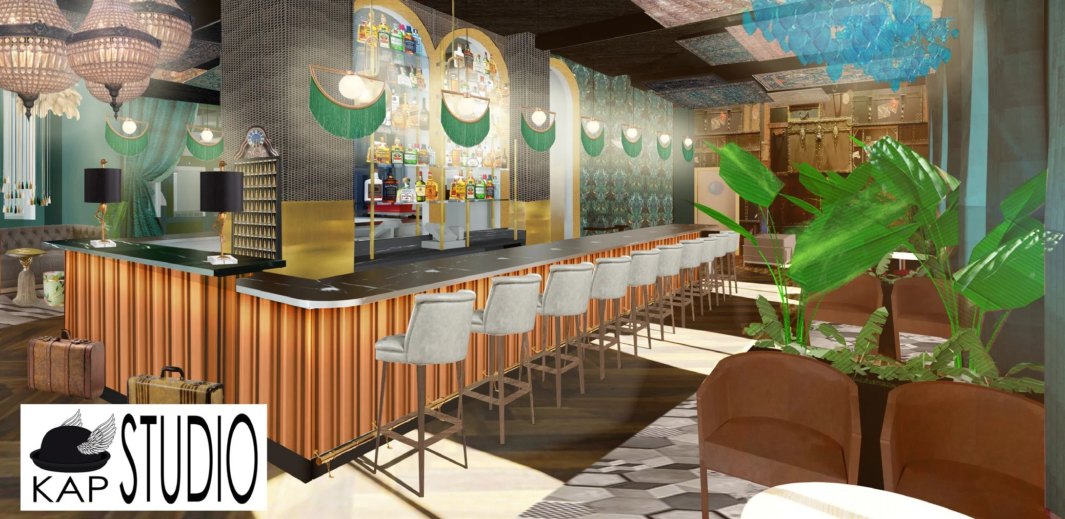 Interior of a stylish bar with a long counter, bar stools, large green plants, and decorative lighting. There are bottles of alcohol on shelves behind the bar and two suitcases placed near the counter. The logo of Kap Studio is visible in the bottom 
