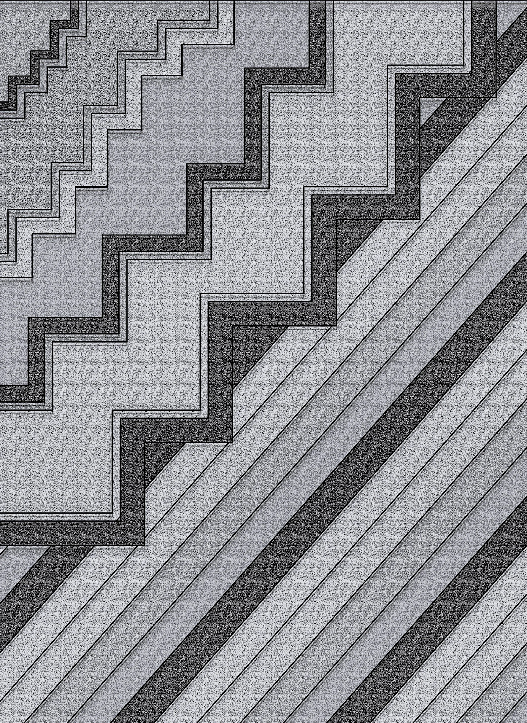 Abstract geometric pattern with black and gray zigzag shapes on a textured surface.