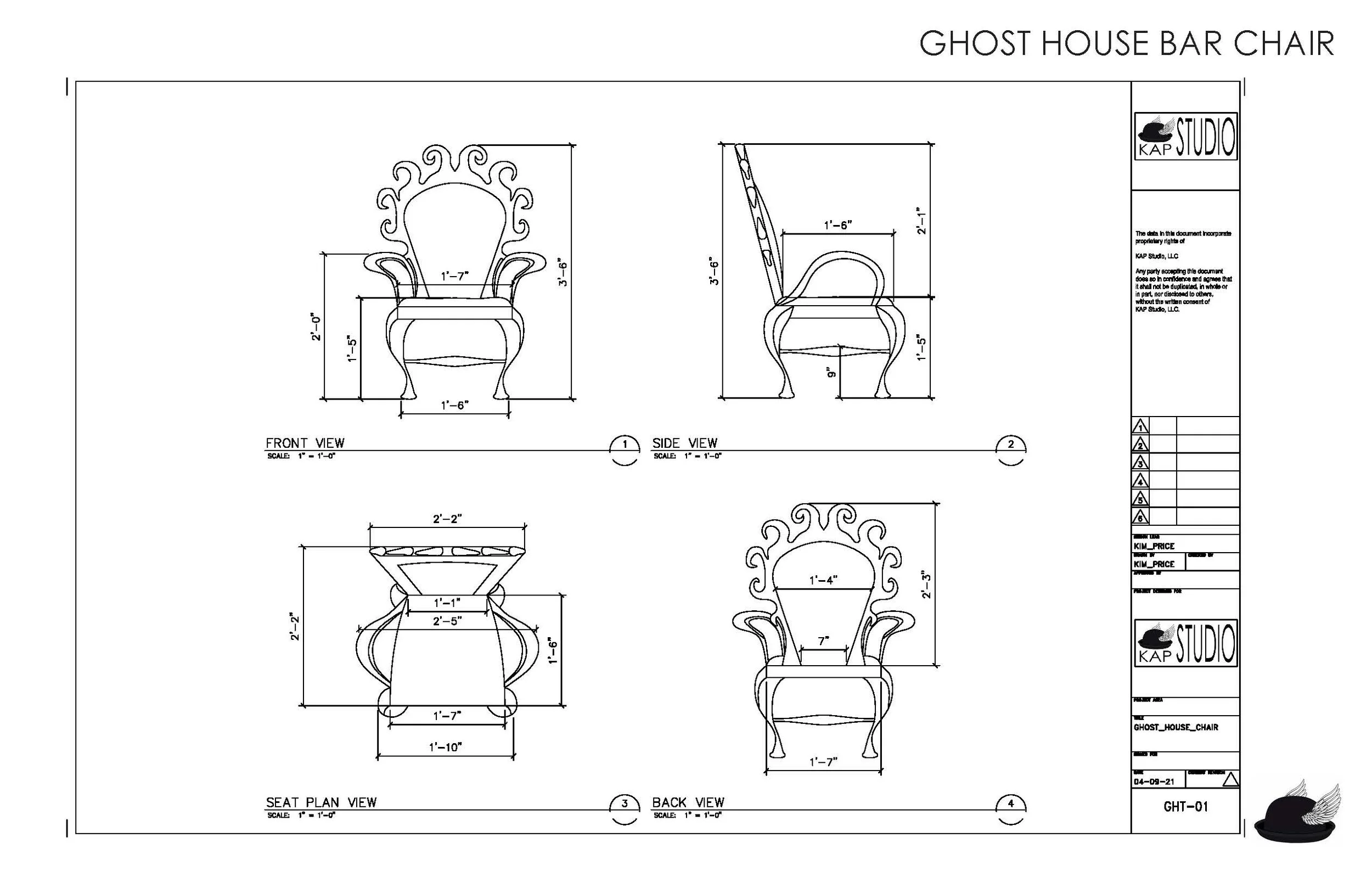 Design blueprint of a chair named 'Ghost House Bar Chair,' showing front, side, seat plan, and back views with detailed dimensions.