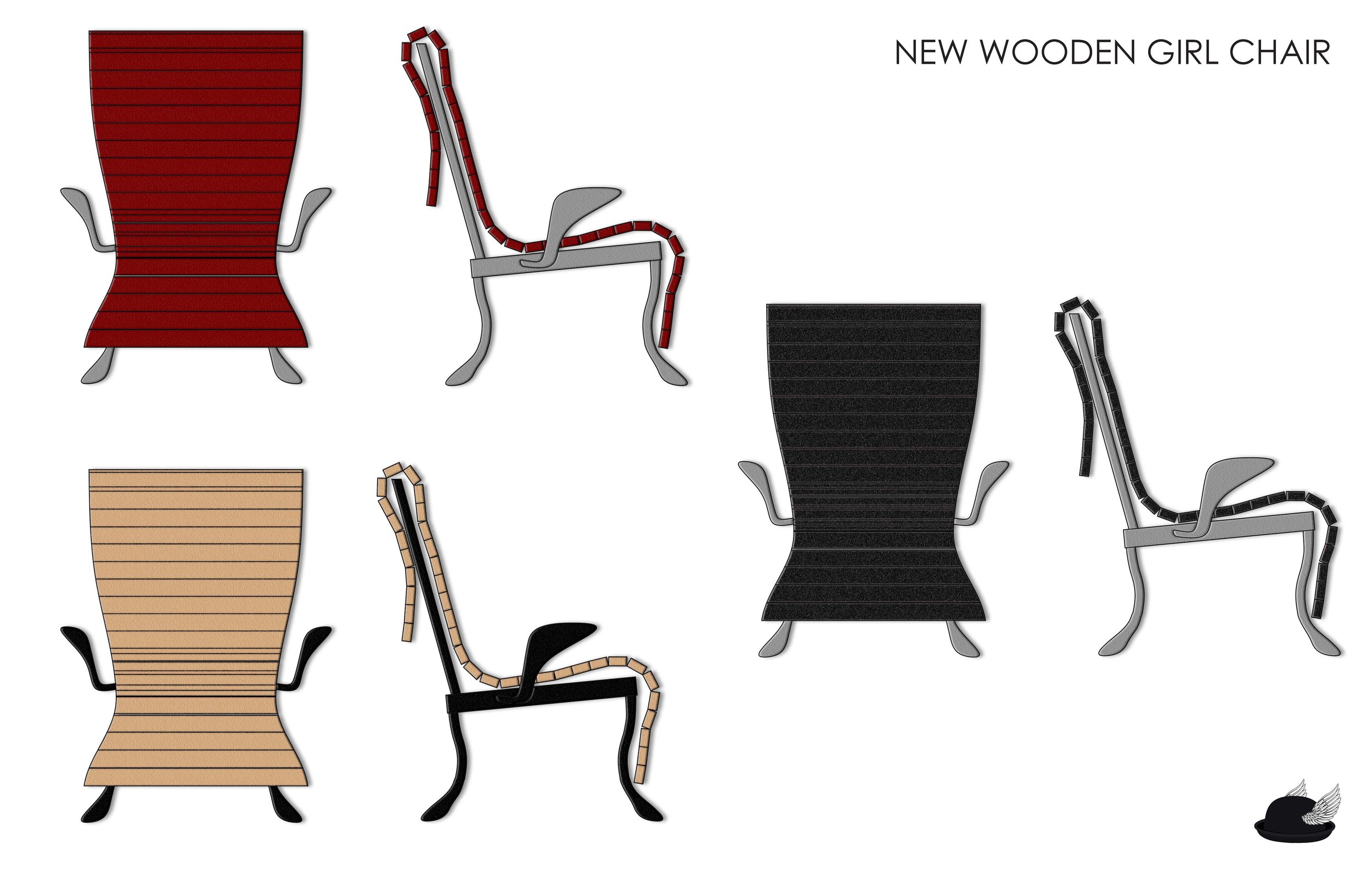 A collection of five chair illustrations with different colors and designs, labeled 'New Wooden Girl Chair.' The chairs are colored red, black, beige, with one black and beige combination, and a gray chair with black and red accents. A small black ha